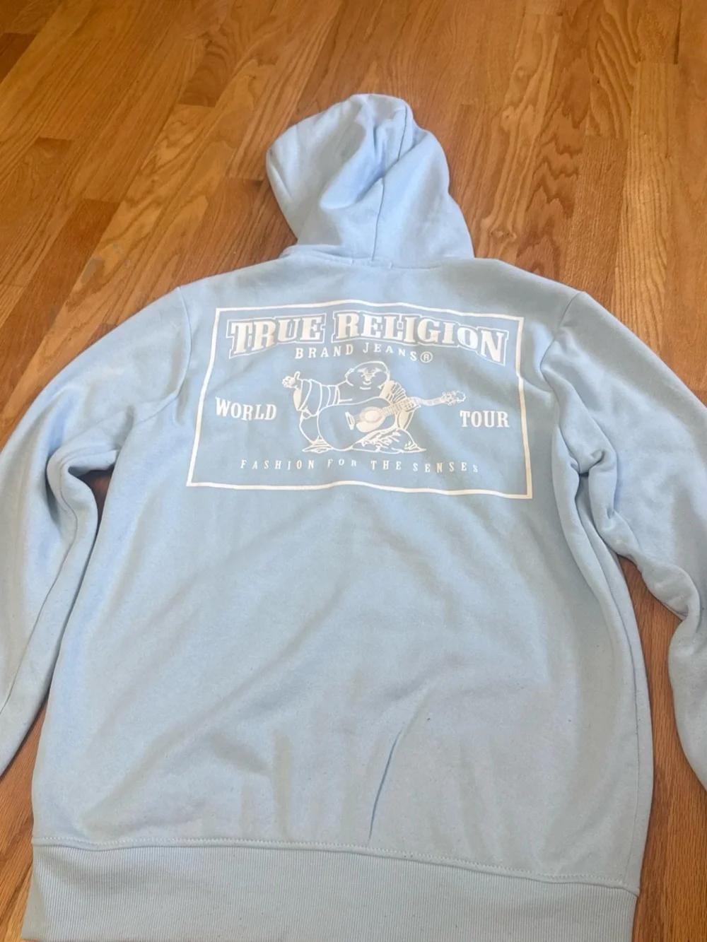 True Religion Pale Blue Zip Hoodie with White Logo Trim